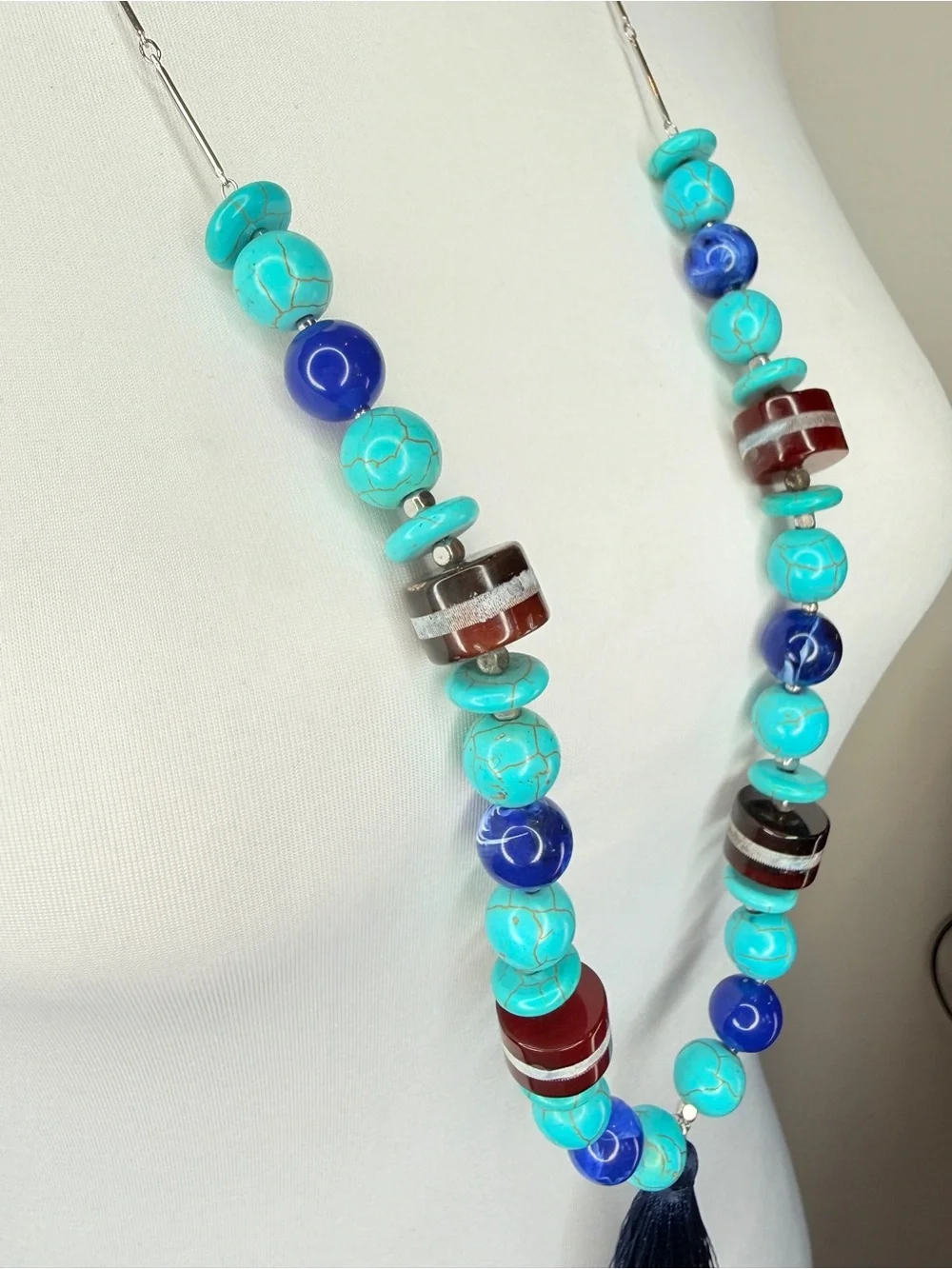 Boho Beaded Turquoise Statement Tassel Necklace